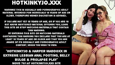 Hotkinkyjo & Harper Maddoxx in extreme lesbian anal footing, belly bulge & prolapse play 64 sec