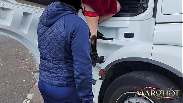 A slutty MILF shows off in a truck stop parking lot and gets fucked by a trucker 10 min